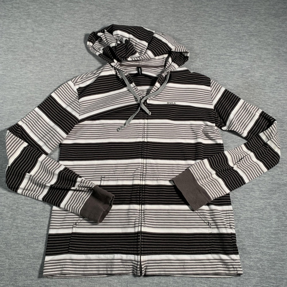 RVCA Hoodie Mens Small Black White Striped Full Zip Cotton Polyester Hooded